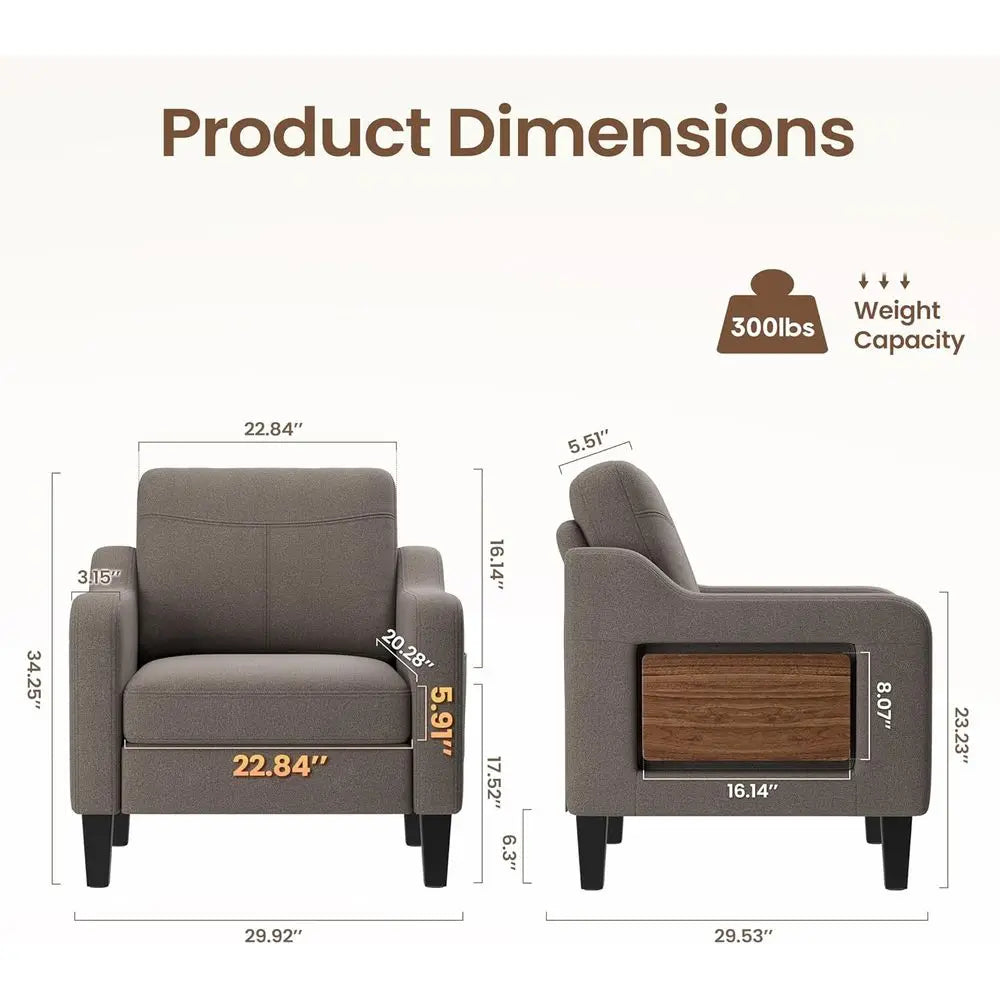 Linen Upholstered Armchair with Folding Table