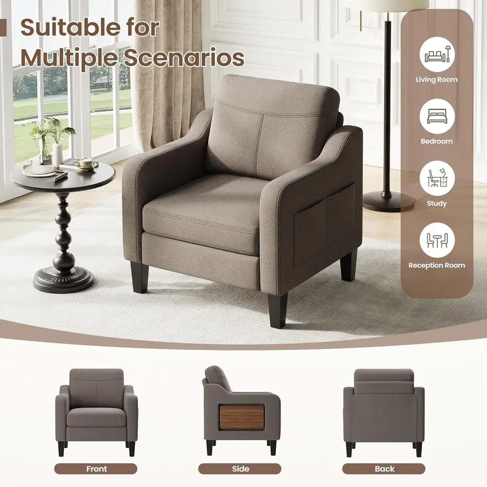 Linen Upholstered Armchair with Folding Table