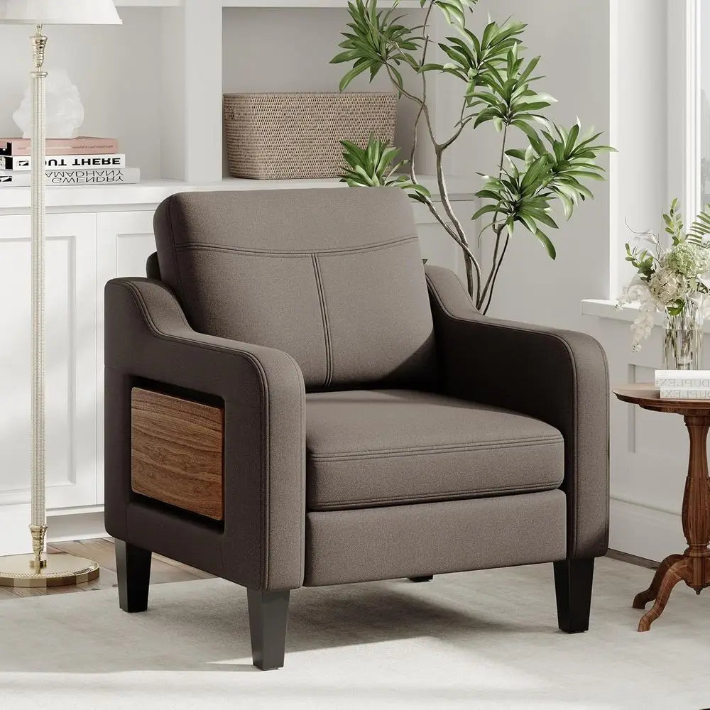 Linen Upholstered Armchair with Folding Table