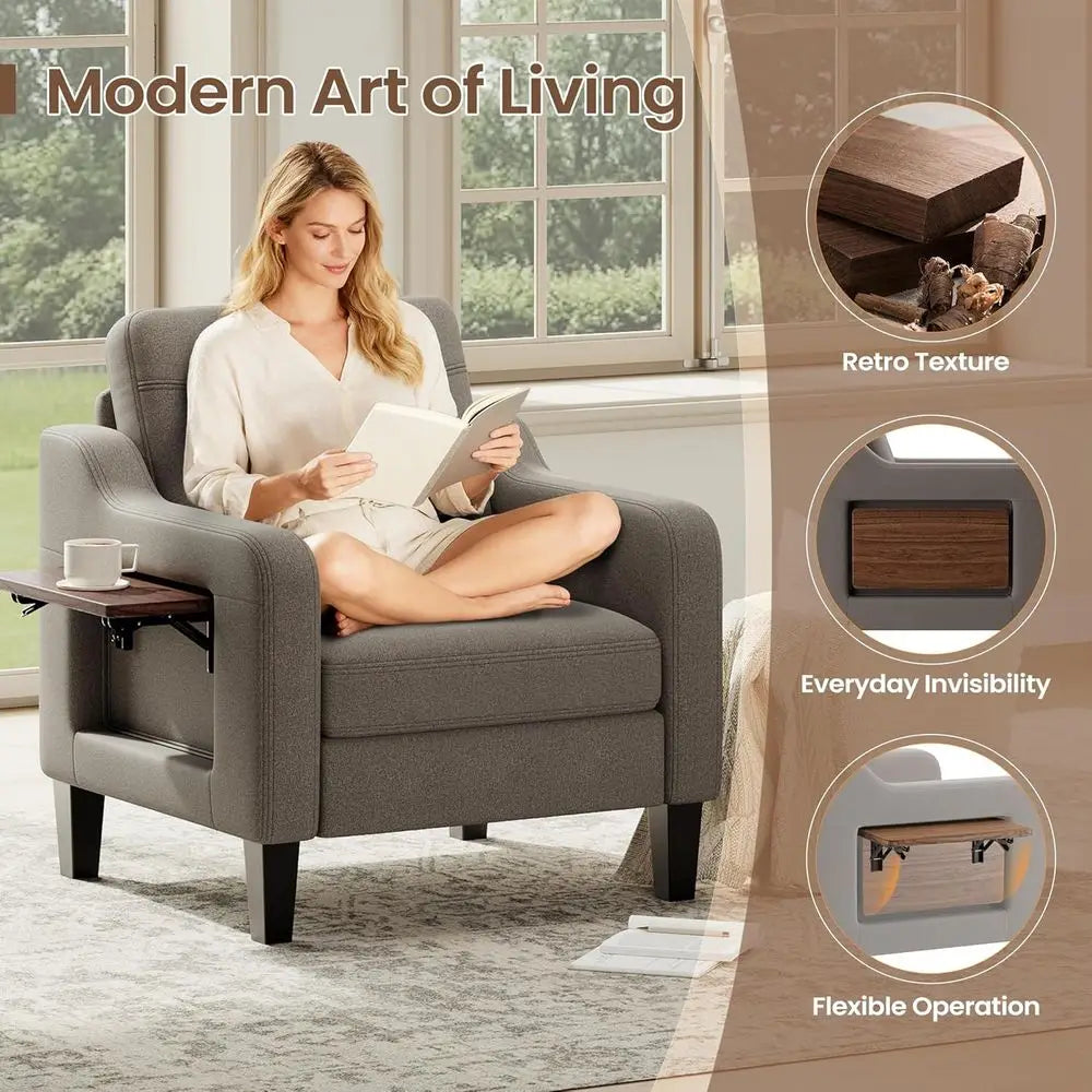 Linen Upholstered Armchair with Folding Table