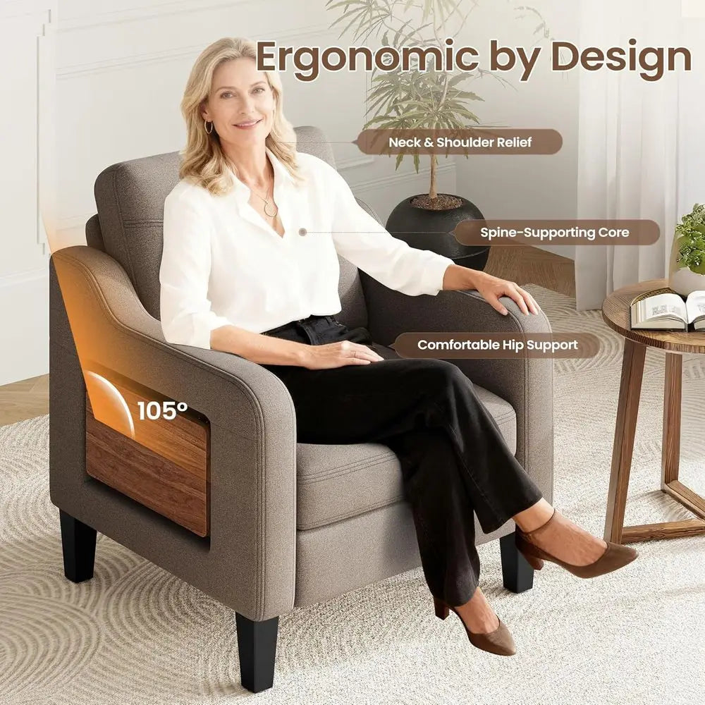 Linen Upholstered Armchair with Folding Table