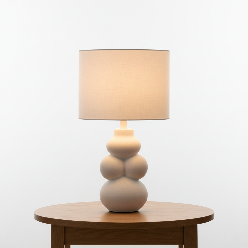 Modern ceramic table lamp with white linen shade on a wooden side table