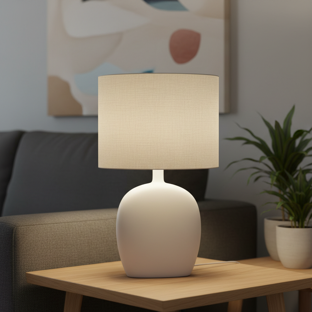 Modern ceramic table lamp with white base in contemporary living room