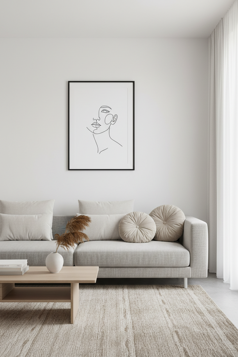 Minimalist wall art print above a sofa in a living room