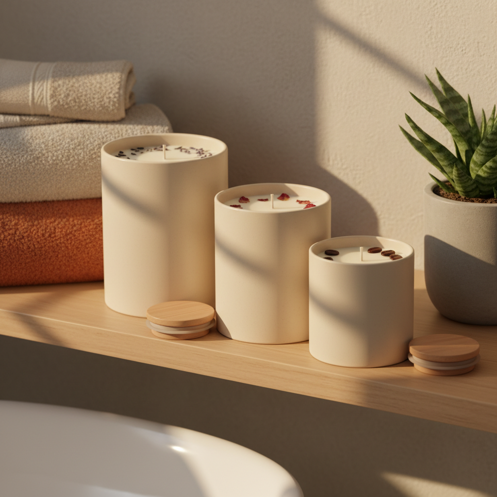 Three scented soy candles grouped on a bathroom shelf