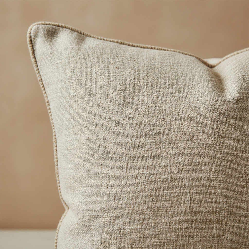Close up of linen throw pillow fabric texture and stitching