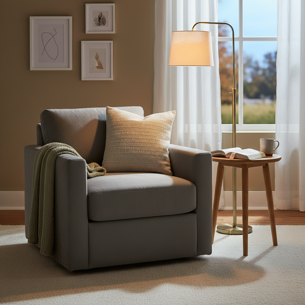 Linen throw pillow on a reading chair next to a floor lamp