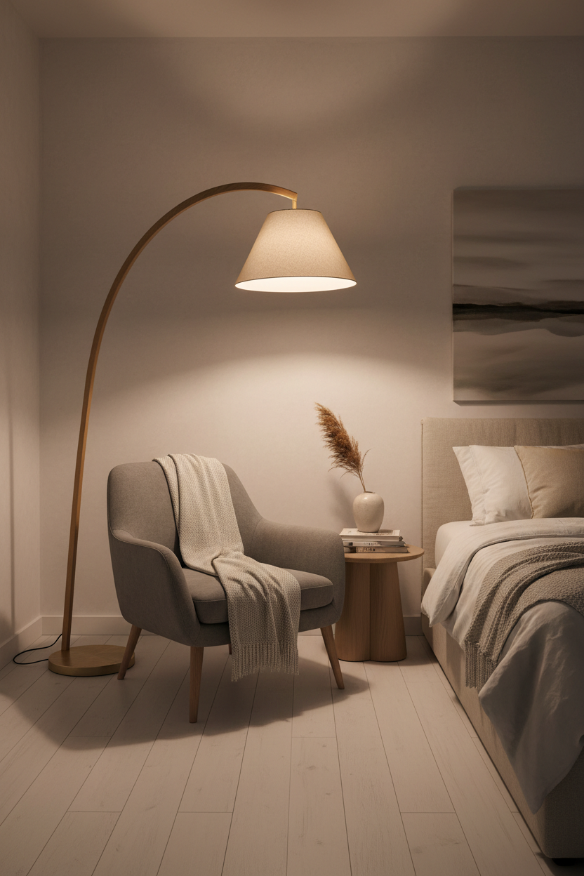 Nordic arc floor lamp in modern bedroom corner