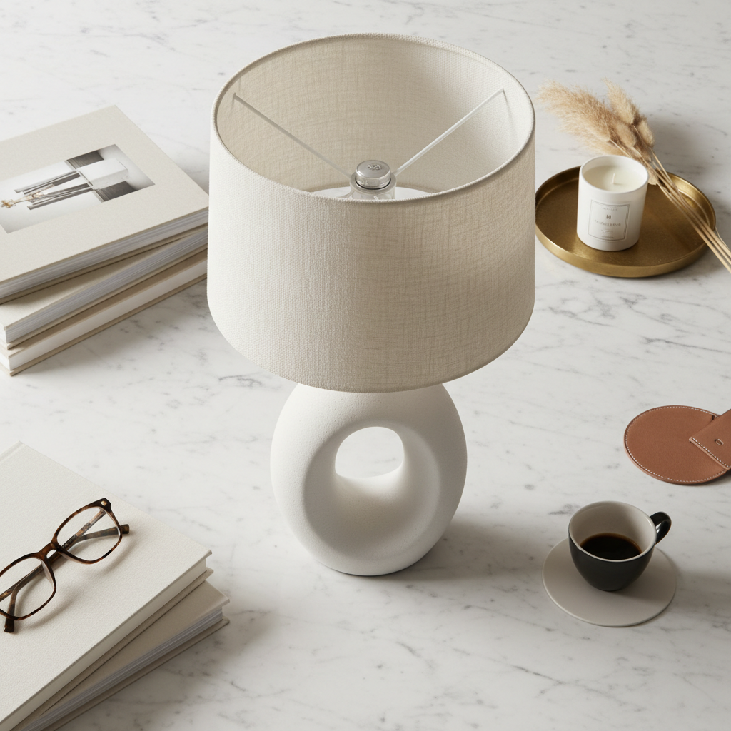 Top-down flat lay of ceramic table lamp on marble surface