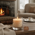 Luxury warm vanilla scented candle in glass jar with soft candlelight glow