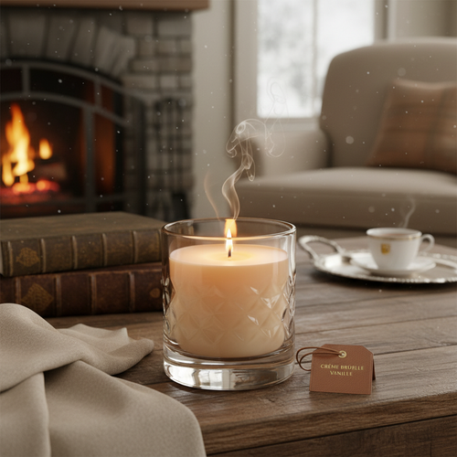 Luxury warm vanilla scented candle in glass jar with soft candlelight glow