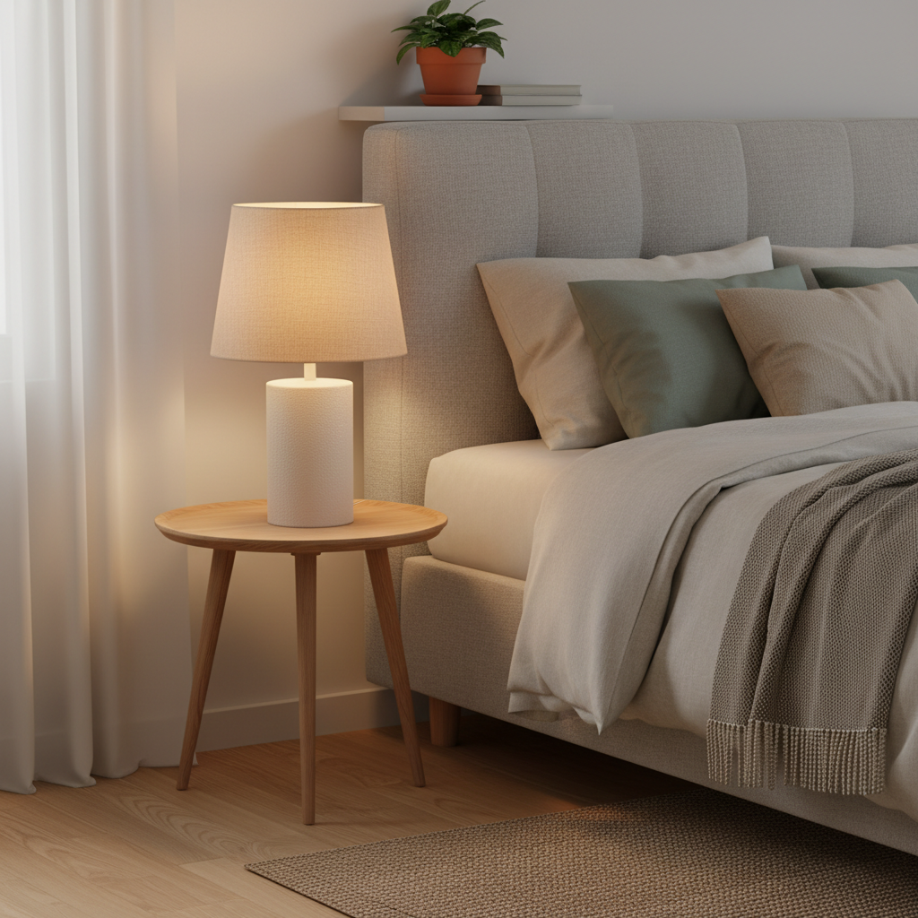 Modern ceramic table lamp on bedside table with warm glow