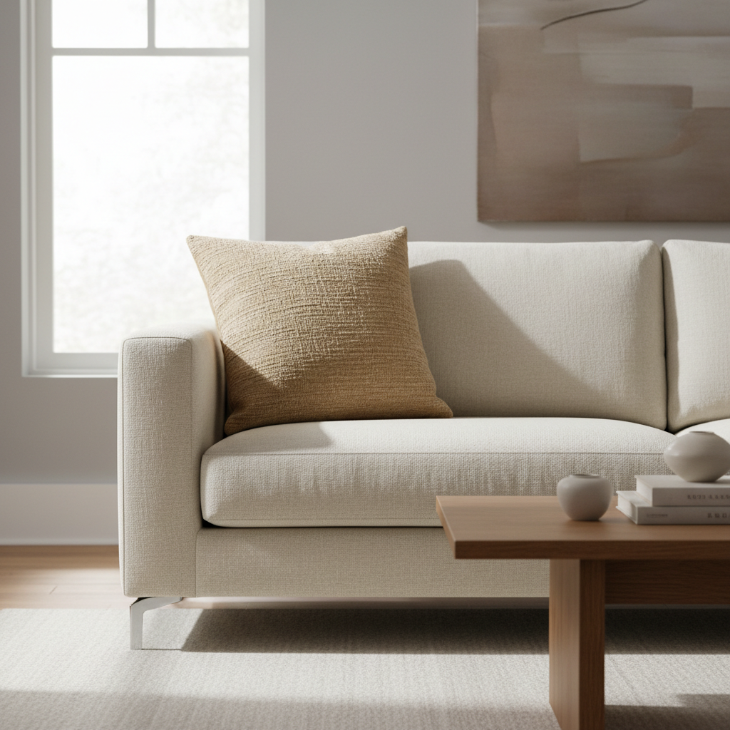 Linen throw pillow on a minimalist sofa with natural light