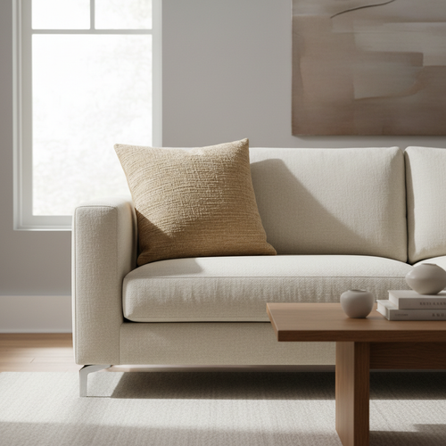 Linen throw pillow on a minimalist sofa with natural light