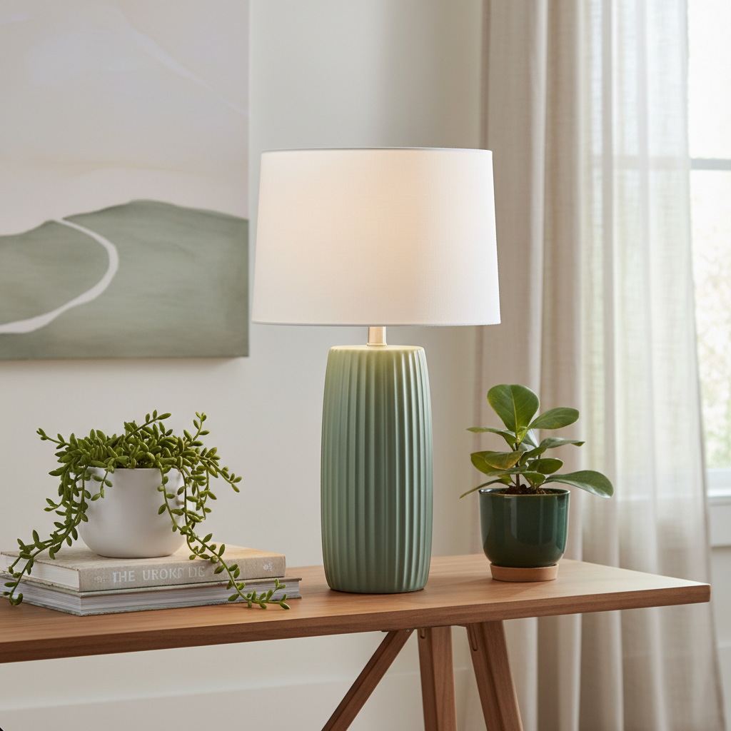 Sage green ribbed ceramic table lamp on console table with plants