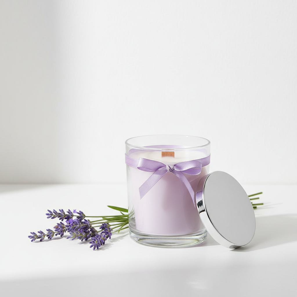 Luxury lavender scented candle with fresh lavender sprigs on white background