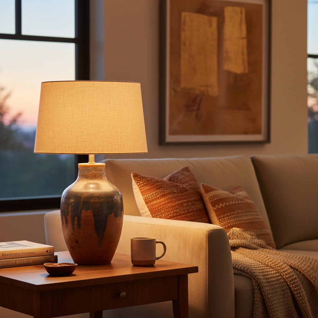 Ceramic table lamp glowing warmly in cozy living room corner at dusk