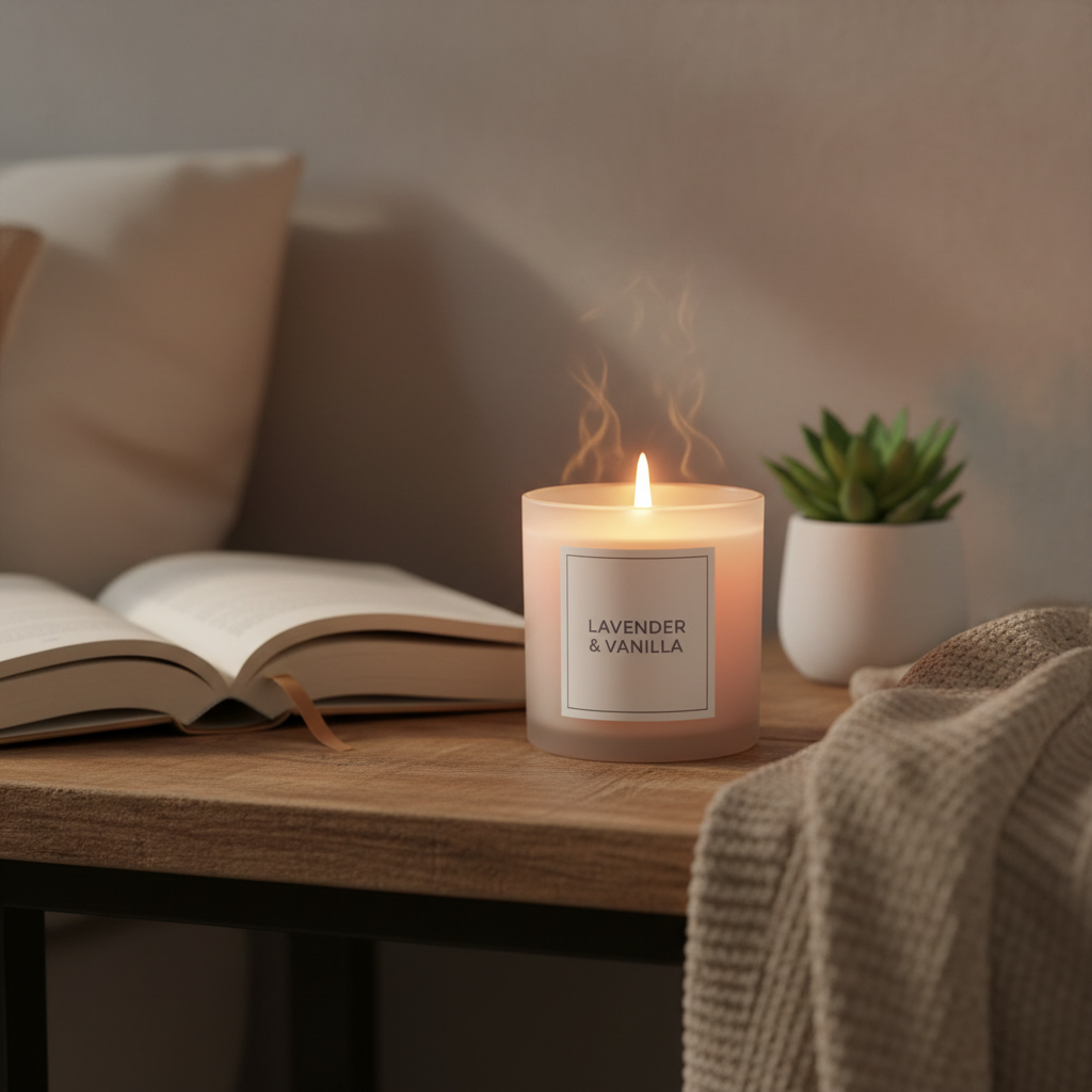 Scented soy candle burning on a bedside table