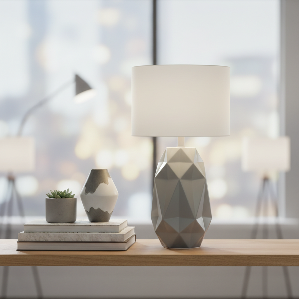 Ceramic table lamp with geometric pattern base in grey and white tones