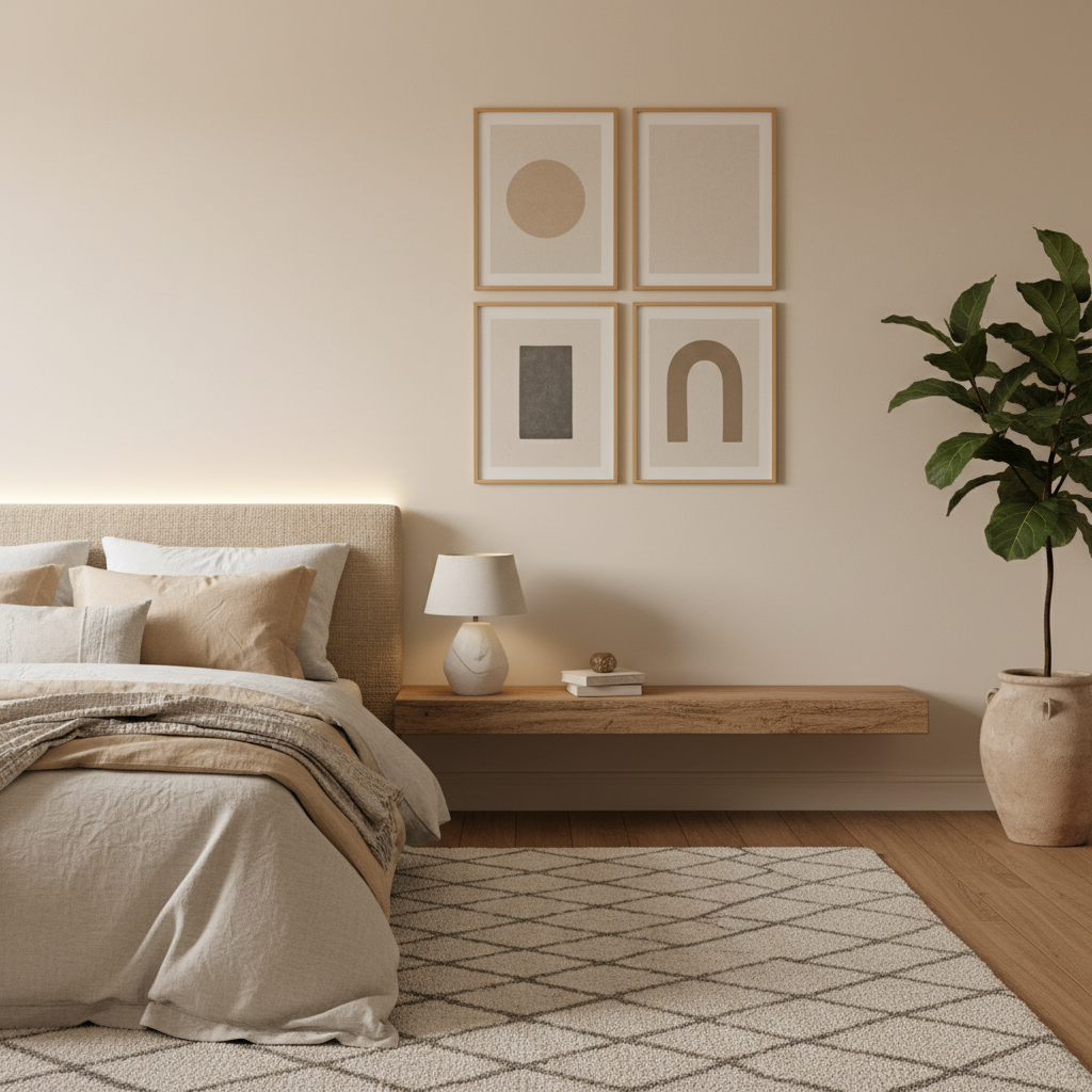 Gallery wall with three minimalist framed prints in a bedroom
