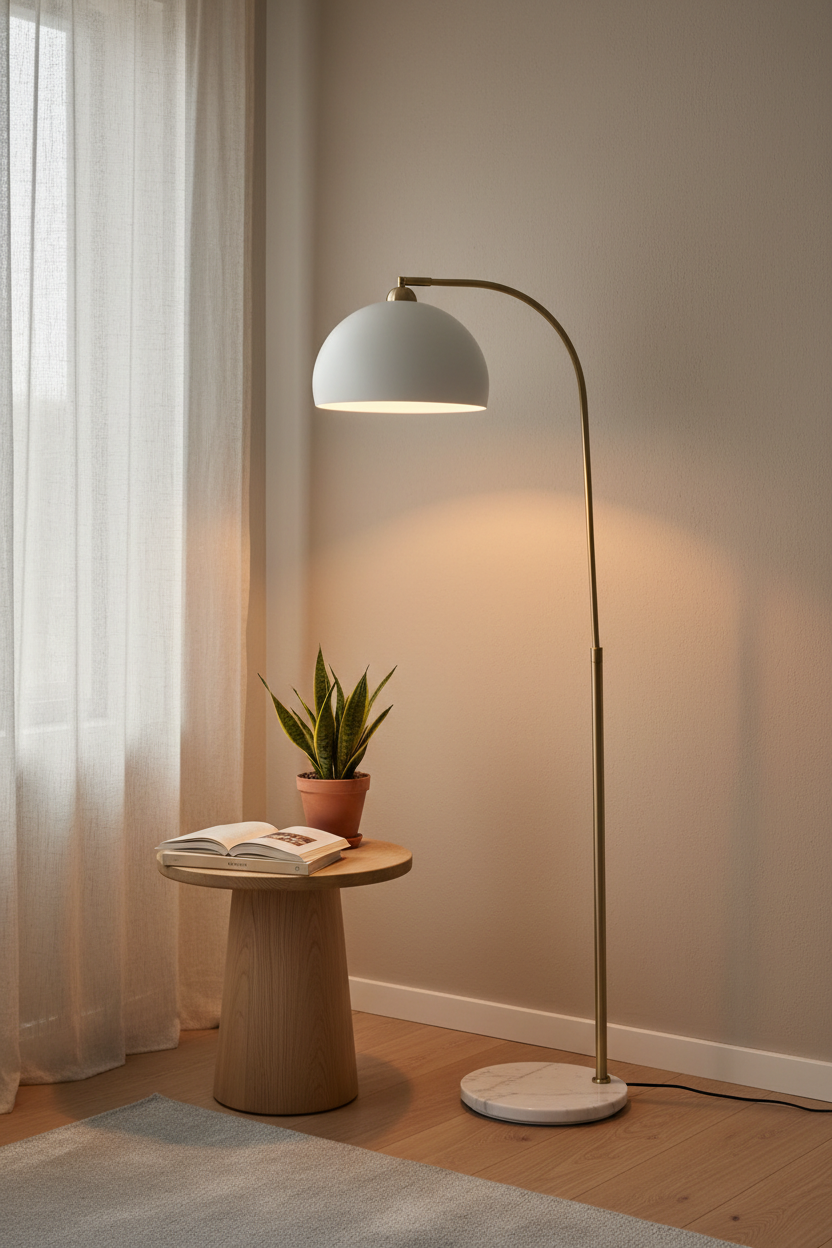 Nordic Arc Floor Lamp styled in a minimalist modern living room corner with warm ambient lighting