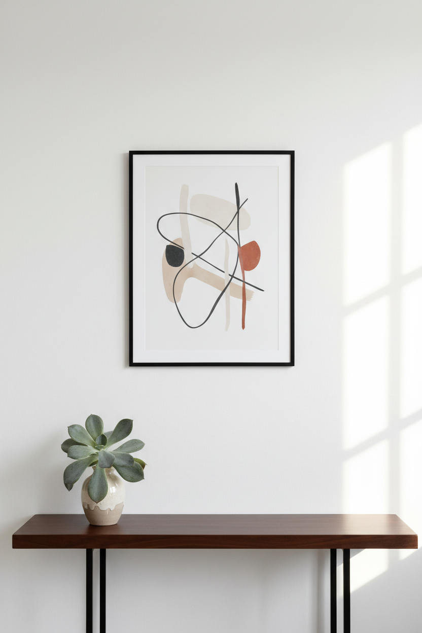 Minimalist wall art print above a console table