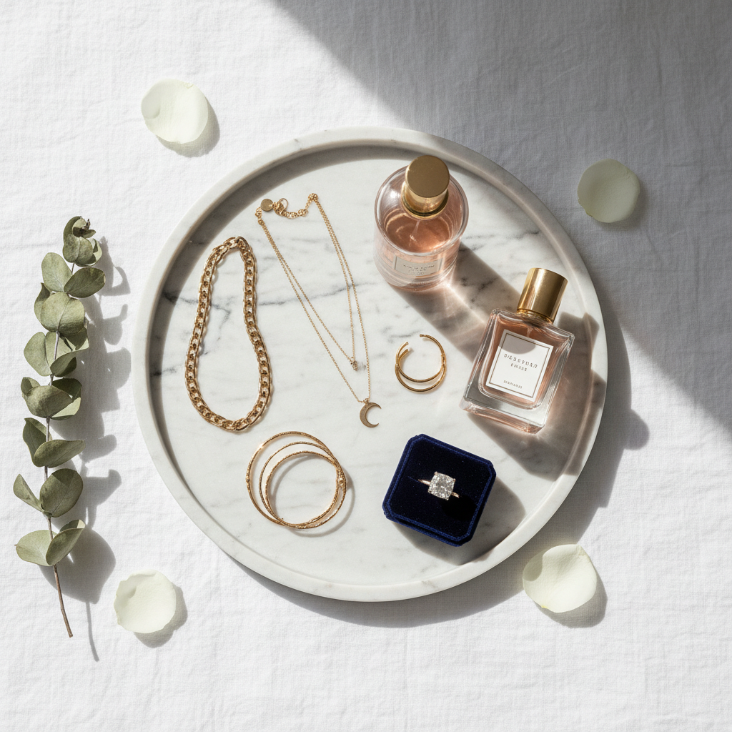 Marble serving tray flat lay with perfume bottles and jewellery