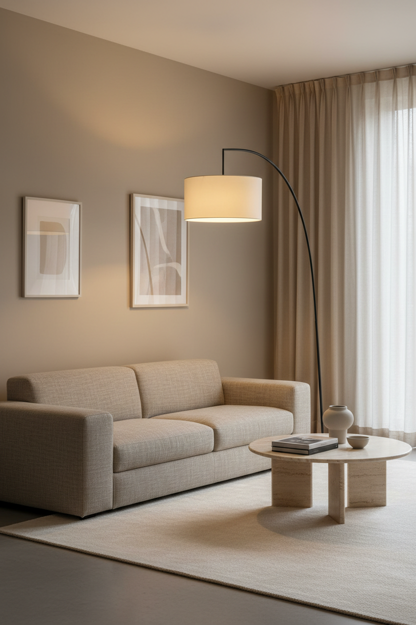 Nordic arc floor lamp in minimalist luxury living room