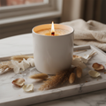 Scented soy candle on a marble tray with dried botanicals
