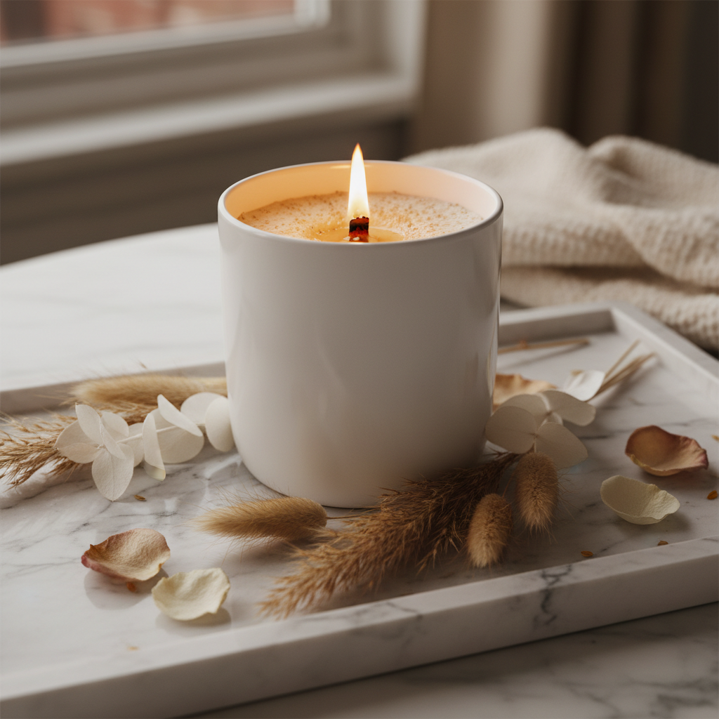 Scented soy candle on a marble tray with dried botanicals