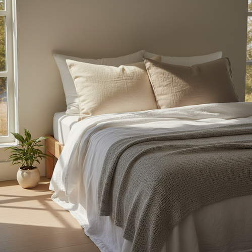 Linen throw pillows styled on a bed with white linen sheets