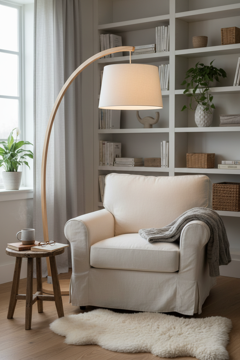 Nordic arc floor lamp in cozy reading nook