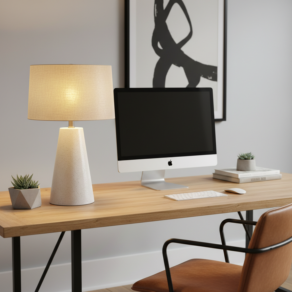 Modern ceramic table lamp styled in a minimalist home office