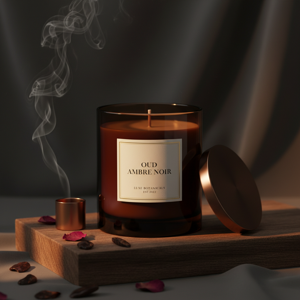 Luxury oud scented candle in dark amber glass jar with moody lighting