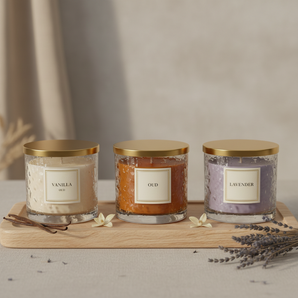 Set of 3 luxury hand-poured soy candles in glass jars