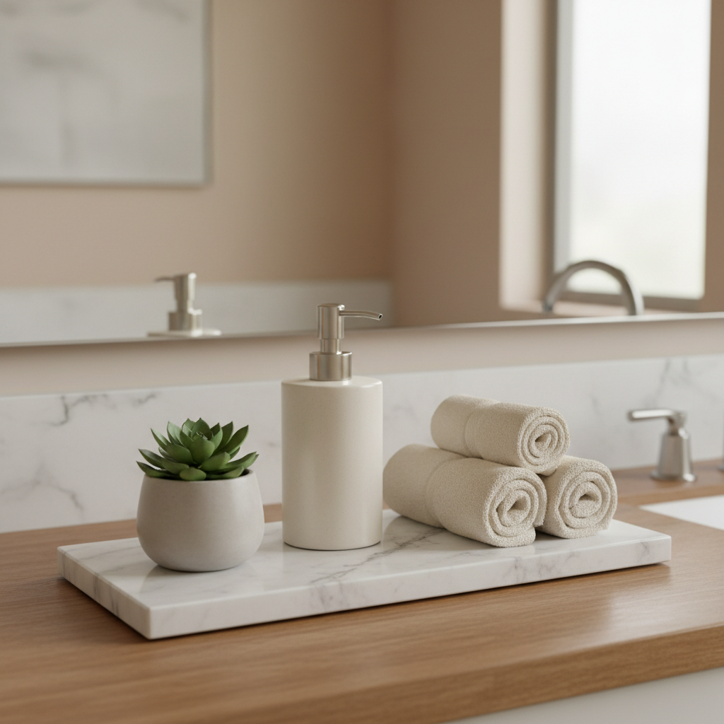 Marble serving tray on bathroom countertop with soap and plant